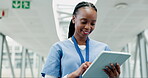 Tablet, black woman and happy nurse research in hospital, telehealth or smile for healthcare. Technology, medical professional and African surgeon on internet, wellness app or scroll online for email