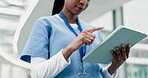 Black woman, tablet and hands of nurse in hospital for research, telehealth and healthcare. Digital technology, medical professional and surgeon on internet, wellness app and scroll online for email