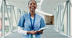 Black woman, tablet and portrait of nurse happy in hospital for wellness, telehealth or healthcare. African medical professional, tech and face of surgeon, funny worker and employee laugh in Nigeria