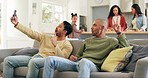 Brother selfie, peace sign and on a home sofa for success, win or celebration together. Happy, memory and men taking a photo or live streaming on social media with a mobile on the couch with a smile