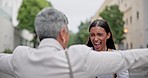 Love, hug and mother hug daughter in a city excited, hello and embrace after traveling for visit. Family, reunion and woman with senior mom in street hugging, greeting and sharing special bond moment