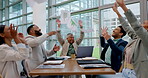 Documents, winner or excited business people throwing paper into air in boardroom or meeting. Teamwork, wow or group of happy people in celebration of target, success or goal in office with paperwork