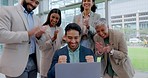 Winning, applause and man with laptop, team in office with email announcement of deal success. Congratulations, cheers and support for target achievement with business people clapping hands at desk.