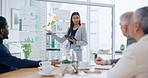 Business woman, tablet and presentation in meeting for marketing strategy, analytics or statistics at office. Female person or employee coaching or training staff on company data, mission or goals