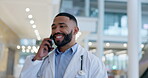 Phone call, happy and doctor walking in a hospital corridor talking on a mobile conversation for communication planning. Calm, medical and professional in healthcare clinic in a discussion to connect