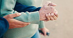 Retirement, hands and caregiver for helping a patient to walk in outdoor for exercise or healthcare. Closeup, nurse and senior person in nature for wellness, care or workout with physio therapy.