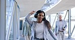 Headphones, music and business woman dance in office walking with celebration for weekend. Company, female worker and web radio listening to audio feeling happy with freedom and web song with smile