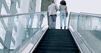 Back, airport or travel and business people on an escalator with luggage for an international trip. Corporate, global and suitcase with professional employees in a terminal for a flight or transport