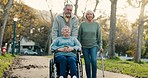 Nature, group and senior friends on a walk for fresh air, exercise or wellness together in park. Conversation, health and elderly people in retirement in an outdoor garden with wheelchair and crutch.