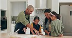 Family, kitchen and baking dough with kids and parent care for learning in a home. Cooking, mom and children together in house with food, teaching and development with support and love feeling happy