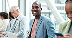 Business people, happy portrait and group in a row in an office for corporate meeting, interview or conference. Diversity, research and employees or men and women on chairs at convention building