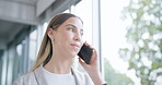 Business, woman and talking on cellphone in hallway of corporate company for communication with accountant. Walking, networking and professional female with technology or conversation at office.