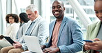 Business people, laptop and group in a row in an office for corporate meeting, interview or conference. Diversity, research and happy employee portrait with men and women at convention building