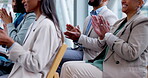 Crowd, hands and business people applause, celebration and praise for team achievement, seminar presentation or success. Conference audience, tradeshow convention or meeting group celebrate news deal