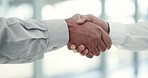 Business men, office and shaking hands for success, HR partnership and collaboration. Closeup, teamwork and handshake for deal, support and b2b networking with trust, hiring and thank you for meeting