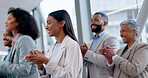 Audience, happiness or business people with standing ovation applause, celebrate and praise achievement, winner or success. Presentation, crowd feedback or listening team clapping for investment news