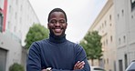 City, business and portrait of black man with crossed arms for career, job and company startup. Corporate, professional and portrait of male person with ambition, pride and confidence in urban town