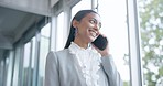 Business woman, phone call and walking in office for mobile tech communication, feedback and laughing. Happy indian female worker talking on smartphone for contact, consulting and funny conversation 