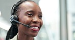 Happy, call center and black woman talking for customer service, support and contact us for help. Telemarketing, smile and sales agent, professional or consultant speaking, communication and crm chat