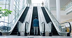 Escalator, Airport and business people travel to work ready for corporate company tradeshow convention. Journey, happy and man employee at an international destination or terminal for a trip 