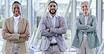 Crossed arms, happy and face of business people in the office in collaboration for a project. Teamwork, diversity and portrait of a group of professional lawyers with confidence standing in workplace