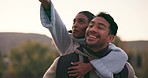 Hiking, piggyback and couple in a forest walking, bond and enjoying the view together. Nature, carry and woman with man in the woods for hike, speaking and explore, adventure and backpacking travel