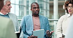 Workshop, discussion and planning with black man in meeting for conference, seminar and project management. Idea, teamwork and strategy with business people for coaching, brainstorming and community