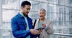 Surprise, talking and business people with a phone in an office for technology and a mobile upgrade. Wow, office and a man showing a woman a cellphone in the workplace for business or networking