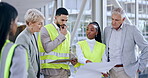 Architect, diversity and people with blueprint in meeting for construction, planning or strategy in city. Group of employees, contractor or engineer in teamwork with floor plan for team architecture