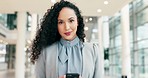 Woman, face and walking in office with phone for social network, mobile contact and smile in law firm. Portrait of happy lawyer typing on smartphone, reading legal notification and tech app in lobby