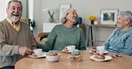 Senior breakfast, friends and at a home table for conversation, coffee and happy together. Smile, laughing and face portrait of a man and women in a house for lunch, talking or retirement bonding