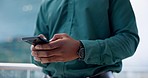 Closeup, business and man with a cellphone, typing and connection with website information, email or online reading. Male person, employee or agent with a smartphone, social media and search internet