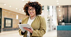 Happy, black woman and tablet for planning in office, company and communication on social media, network and internet. Online, research and businesswoman reading news, report or walking in workplace