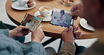 Hands, people and photograph with memory at home for nostalgia, history and to remember. Closeup of senior friends at tea table with pictures of old album, family life and photography in retirement