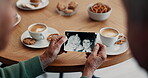 People, hands and photograph with memory at home for nostalgia, history and to remember. Closeup of senior friends at tea table with pictures of old album, marriage and photography in retirement