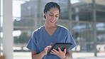 Nurse, woman and tablet in hospital for healthcare, telehealth analysis or online support. Happy female surgeon, medical doctor or digital technology for planning data, clinic research or information