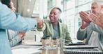Business people, handshake and applause in meeting for teamwork, b2b or promotion at the office. Woman and man shaking hands and clapping for deal, team agreement or congratulations at the workplace