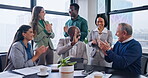 Applause, happy business people and team high five for celebration, corporate deal and support good news. Group, diversity and clapping for success, achievement and bonus collaboration in office