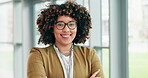 Arms crossed, smile and face of business woman in office for professional, manager and pride. Creative, happiness and entrepreneur with portrait of female employee for career, positive and confidence