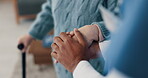 Senior patient, nurse and holding hands for support at a nursing home in retirement. Closeup of elderly person with a caregiver for advice, empathy and kindness or help with healthcare or homecare
