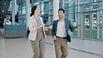 Success, celebration or excited business people dance for goals, achievement or team building in office. Smile, friends or happy man with woman enjoying good news, bonus achievement or winning profit