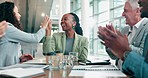 Business people, high five and applause in meeting for winning, success or promotion at the office. Employees clapping for woman, achievement or team victory in congratulations at the conference