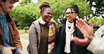 Team building, success and people in celebration, applause and clapping hands for winning, goal or game in the park or woods. Diversity, group or friends together cheering with support and pride