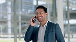 Business man, phone call and smile in corridor with talking, networking or communication for deal in workplace. Asian entrepreneur, smartphone and thinking for contact, chat or information in Jakarta