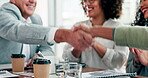 Business people, meeting and handshake, applause or partnership success for career deal or achievement. Congratulations, thank you and manager shaking hands for promotion, b2b onboarding or job bonus