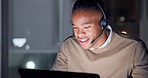 Black man, laptop and consulting in call center at night for customer service, advisory and questions. Face, happy salesman and working late on pc in CRM agency for telecom support, FAQ and contact