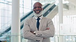 Happy, arms crossed and business with black man in office for manager, pride and professional. Smile, designer and executive with portrait of employee for confidence, empowerment and opportunity