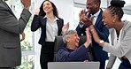 Happy business people, winning and applause for bonus promotion, lottery or sale at the office. Excited group of employees clapping in team celebration for victory achievement or success at workplace