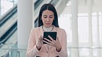 Business woman, tablet and online email of a lawyer with app and social media scroll. Office, female attorney professional and legal work with technology in a company and law firm working on tech