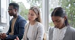 Anxiety, diversity recruitment and business people in waiting room ready for job interview, checking time and stress. Employment search, company hr choice or nervous candidates in line for hiring